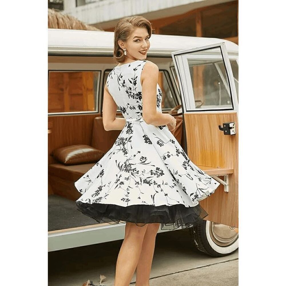 🖤🤍 Pinup Retro Vintage 1950s Floral White Rockabilly Dress w/Belt NEW L - Picture 5 of 15
